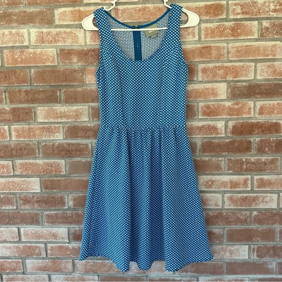 Maeve Anthropologie Fit Flare Textured Polka Dot Dress Women’s XS Blue White - Picture 1 of 8